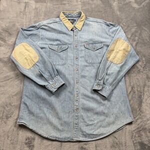 Vintage Woolrich Denim Shirt Mens XL Blue Western Elbow Patch Button Down 90s